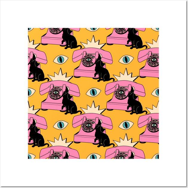 World Domination Black Cat Pattern in yellow Wall Art by The Charcoal Cat Co.